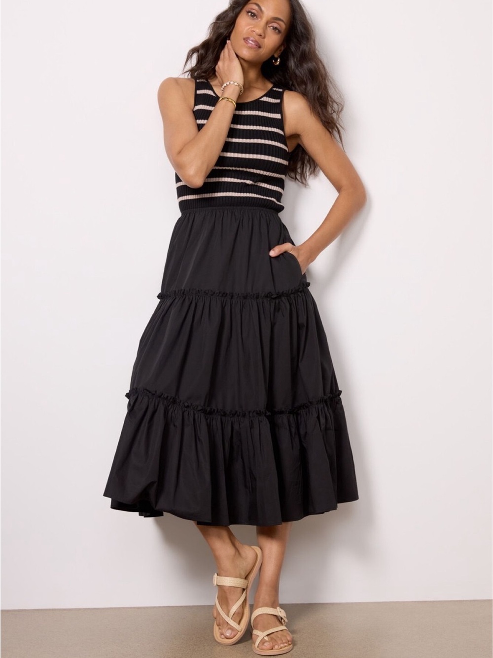 Evereve Black Ribbed Bodice Tiered Maxi Dress